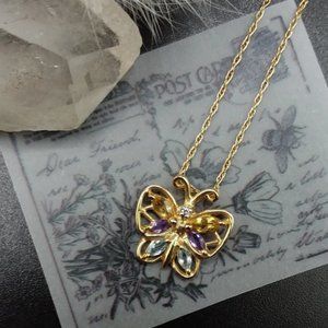 PRICE DROP BUTTERFLY Gold Necklace |10K G - Diamond,Topaz, Amethyst & Aquamarine